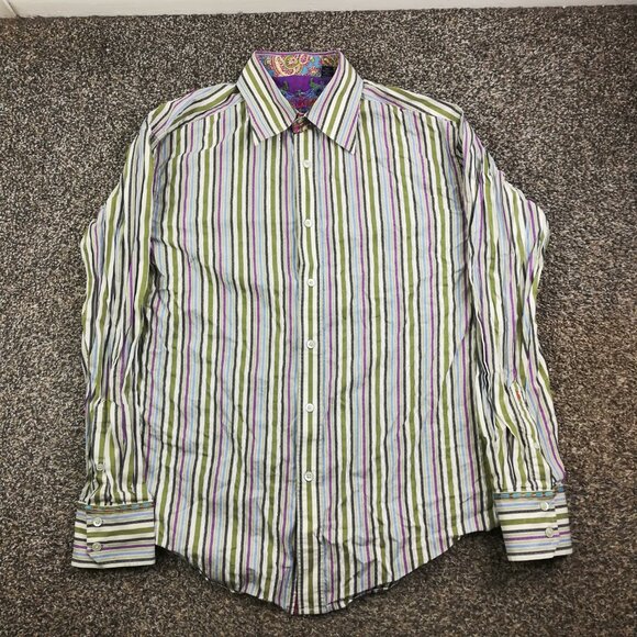 Robert Graham Shirt Paisley Flip Cuff Striped Silk Trim L/S Button Up Mens Large - Picture 2 of 11